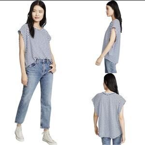 We The Free People Womens Blue White Striped T Shirt Sz S Halo Cap Sleeve Boho